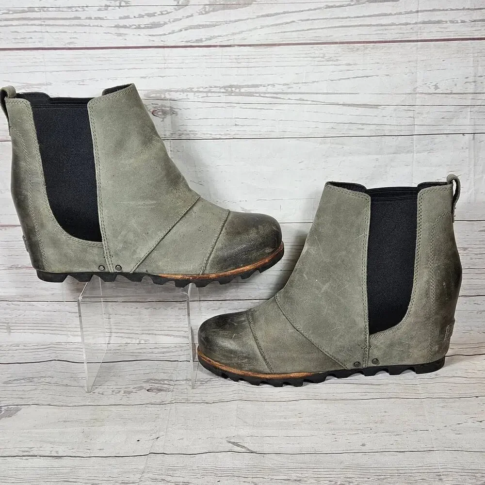 Sorel Women's Grey Leather Chelsea Ankle Boots US 9.5 Wedge Heel